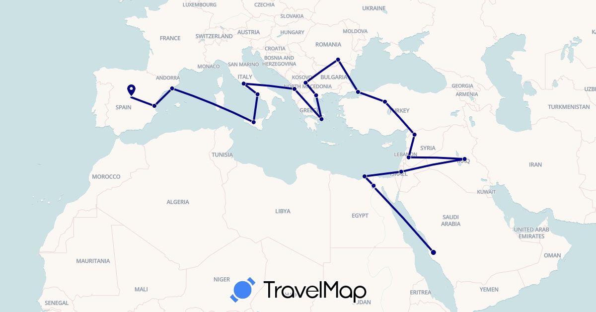 TravelMap itinerary: driving in Albania, Egypt, Spain, Greece, Israel, Iraq, Italy, Macedonia, Romania, Saudi Arabia, Syria, Turkey (Africa, Asia, Europe)